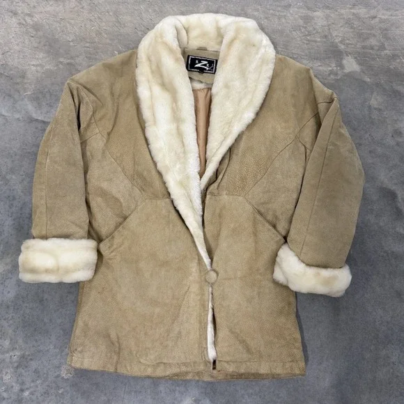 Vintage Tan Suede Faux Fur Trim Collar Cuff Jacket Coat - Picture 1 of 9